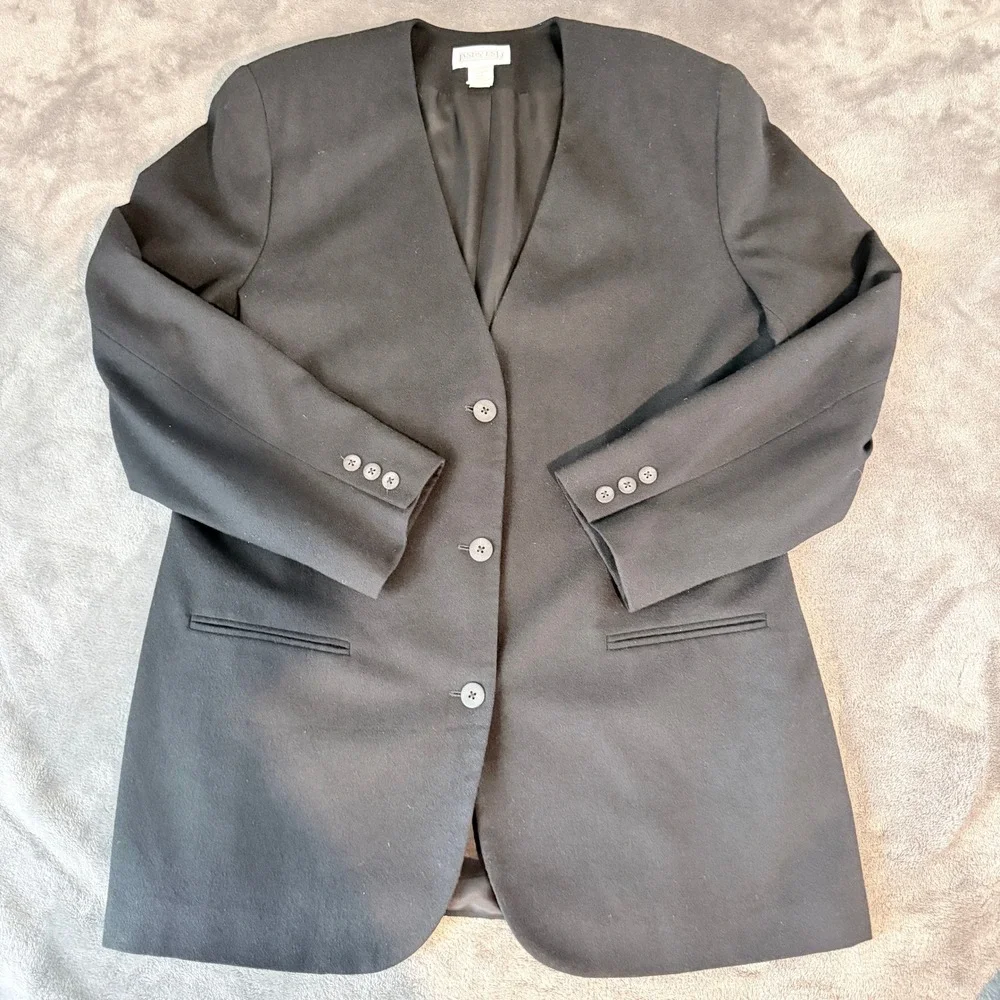 Lands End Womens 14 Vintage Black 100% Wool Collarless Blazer Jacket Made in USA